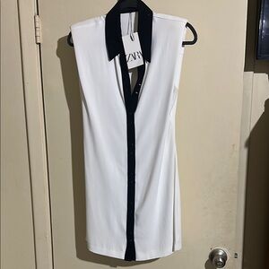 Zara White and Black Sleeveless Shirt Dress